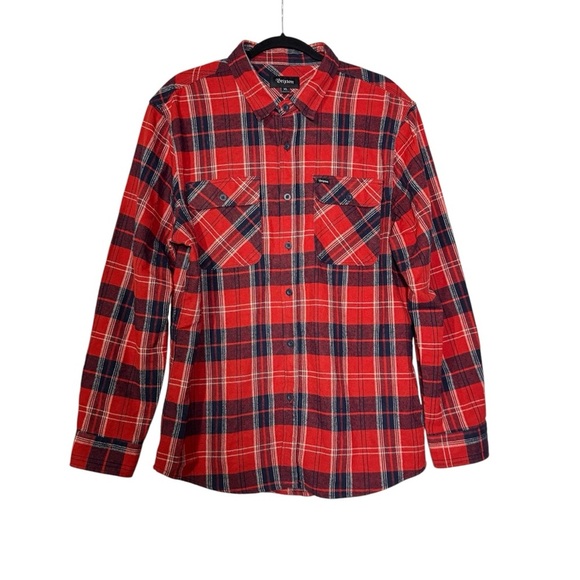 Brixton Bowery Flannel Shirt Long Sleeve Red and Navy Size XL Plaid Button-Down - Picture 2 of 10